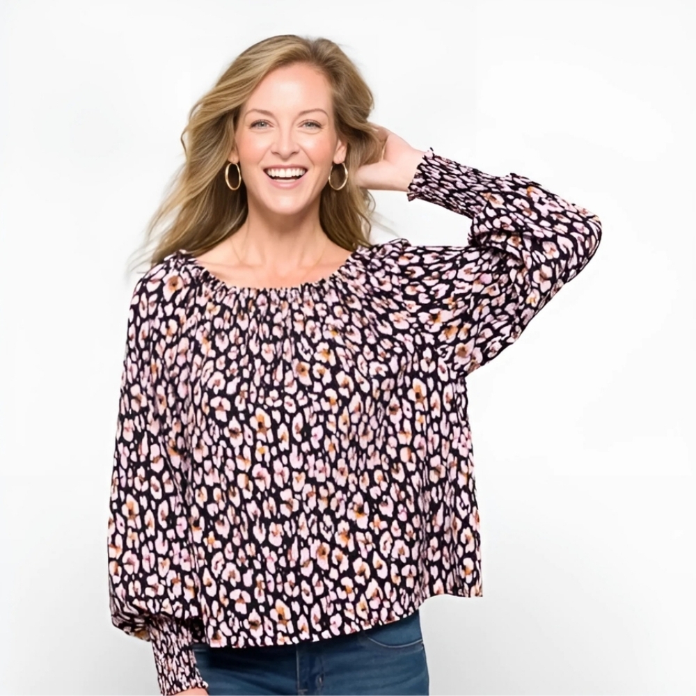 Anthropologie Sanctuary Long Sleeve Sunshine Top in Black/Animal Dot Size Small